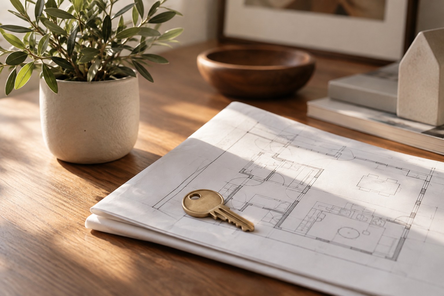 A house key resting on a floor plan, representing HomeHeart Realty