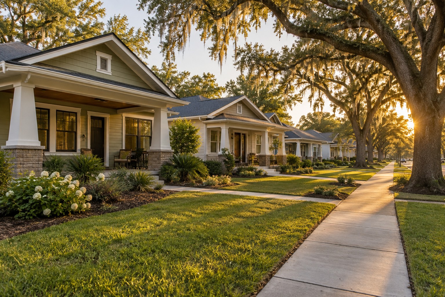 A craftsman bungalow street in Jacksonville Florida at golden hour