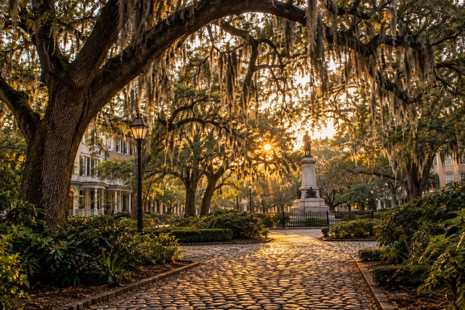 A historic Savannah Georgia square at golden hour